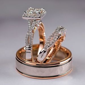 밴드 반지 Huitan Princess Cut Cubic Zircon 신부 결혼 세트 우아한 액세서리 화려한 여성 남성 웨딩 트렌디 쥬얼리