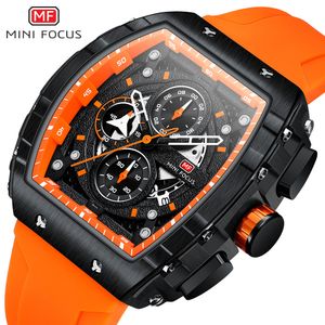 Armbanduhren MINI FOCUS Chronograph Quarzuhr für Herren, Tonneau-Zifferblatt, Militär-Sport-Armbanduhr für Herren, mit orangefarbenem Silikonarmband, automatisches Datum 230829