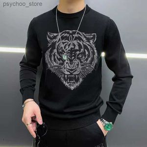 Camisola masculina de manga comprida casual pulôver de malha em torno do pescoço marca de luxo tigre topo estrela preto e branco M-5xl q230830