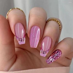 Falsche Nägel 1 Set Frauen tragbar mit Kleber Rosa-Lila Farbe Glitzer Gel Gefälschte Französische Pailletten Maniküre Tipps DIY Nail Art K