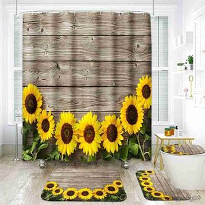 Tende da doccia Autunno Girasole Tavola di legno Set di tende da doccia da giardino Copri tappeto Tappetino da bagno Fiore giallo Farfalla Tende da bagno R230831