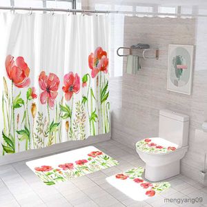 シャワーカーテンシンプルなスタイルの花と植物3Dシャワーカーテンバスルームカーテン台座カーペットカバー非滑り止めバスマットセットR230831