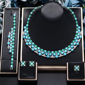 Серьги ожерелья, установленные гениальными 2023 бирюзовая 4-часовая кубическая циркониея африканские ювелирные украшения кристалл Dubai Dubai невеста