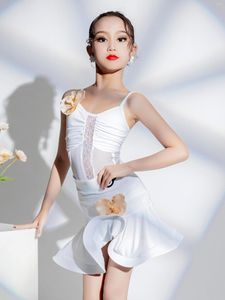 Stage Wear 2023 White Latin Dance Dress for Girls Cha Rumba Performance Clothes Summer Kids Practice Suit Costume DNV18069