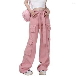 Pantalones de mujer High Street Retro Cargo cintura Y2K rosa recto ancho pierna pantalones casual
