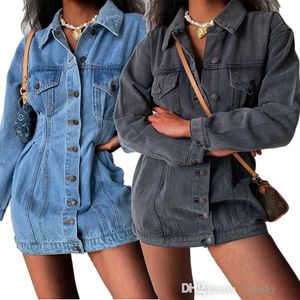 2023 Fall Winter Vintage Denim Jacket Dress Fashion Slim Fit Button Skirt Turndown Collar Long Sleeve Washed Jeans Dresses For Woman