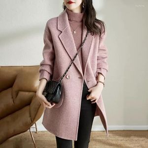 Damenanzüge Rosa Koreanischer Stil Verdickter Wollmantel 2023 Herbst/Winter Ankunft Stilvolle High-End-Jacke mit Fischgrätenmuster für Frauen