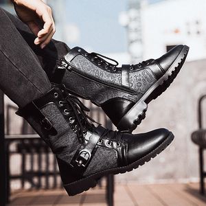 Boots Retro Midcarf Punk Winter Mens Plus Velvet Motorcykel Allmatch Tooling Shoes Denim Midhigh Army Men 230829