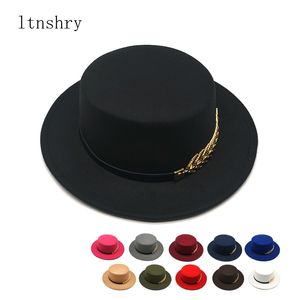 Breda randen hattar hink höst vinter kvinnor män ull vintage trilby filt fedora hattband med gentleman elegant för lady platt topp jazz möss 230829