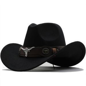 Широкие шляпы ковша Wome Men Men Black Wool Chapeu Western Cowboy Stat