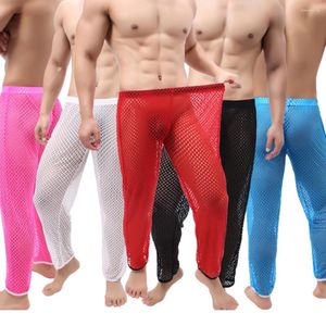 Pijamas masculinos sexy oco para fora pijamas transparentes malha ver através de calças compridas calças fishnet sleep bottoms leggings roupa interior