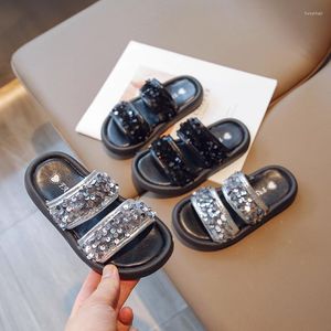 Slipper Girls Slippers 2023 Soft Open-toe Sequined Cute Summer Flat Breatheable Simple Non-slip Children Shoes Solid Black