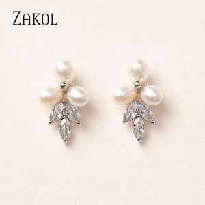 Hoop Huggie ZAKOL Marquise Zirconia CZ Stone Dangle Earrings for Women Delicate Irregular Pearls Bridal Wedding Jewelry Birthday Gift 230829