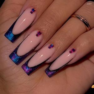 False Nails 24pcs Blue Purple Square Long Ballet Wearable French Pink Soparble Fake Full Cover Nail Tips Tryck på