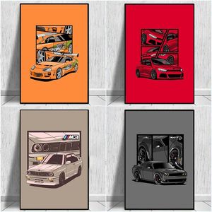 レトロカーアートポスタースーパーカークールカーレーシングキャンバスペインティングアートワークウォールピクチャーリビングルームボーイズホーム装飾ギフトなしフレームWO6