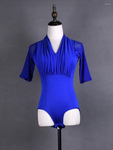 Scenkläder fast färg kvinnlig kläder övning dans latin rompers mesh lapptäcke kvällskläder flicka veckad sportdräkt användning