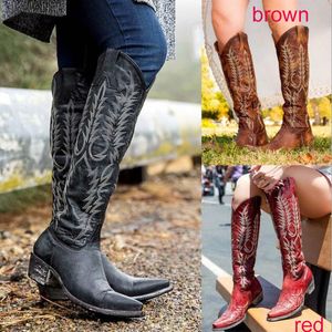 Boots Women Knee High Mid Med Heels Round Toe Ethic Shoes Woman Chaussure Zapatos Mujer Gladiator Vintage PU Girl Booties89 230829