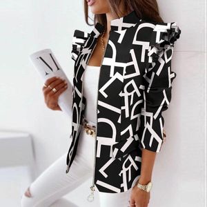 Women's Suits 2023 Elegant Stand Collar Office Lady Blazer Coat Women Plaid Print Zipper Tops Jacket Spring Autumn Long Sleeve Ruffle