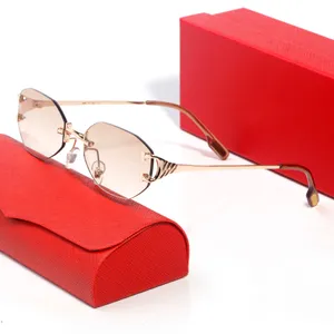 Modische Designer-Sonnenbrille für Damen, oval, diamantgeschliffen, sechseckig, randlos, Metallbrille, Champagner, rechteckig, mit Originalverpackung, einfache Designer-Sonnenbrille für Herren