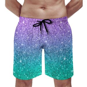 Shorts masculinos verão roxo e verde glitter impressão correndo surf praia homens secagem rápida design bonito troncos de natação