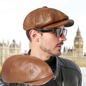 Basker brittiska retro man läder platt åttkantig hatt vår höst utomhus fritid basker pu sboy cap mäns målare gorras 230830