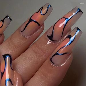 Fałszywe paznokcie niebieskie y2k harajuku gyaru 24pcs długa trumna różowa francuska balet francuski fałszywy manicure