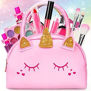 Красота мода Kids Real Makeup Kit для маленьких девочек с розовой сумкой Unicorn Bag не ядовитый подарки для макияжа для маки