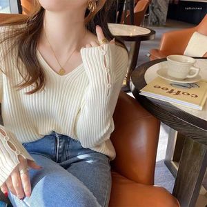 Kvinnors tröjor Pure Color Long Sleeved V Neck Pullover Casual T Shirt Jumper Fashion Street Clothes High Button Black Korean Top
