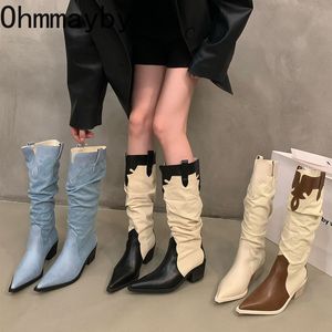 Botlar kadın batı cowgirl boot moda sivri ayak parmağı uzun patikler sonbahar kış yüksek kaliteli kayma kadın ayakkabıları 230829