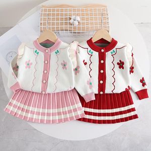 Clothing Sets Fashion Baby Sweater Set Skirt Autumn/Winter Girls' Flower Knitted Cardigan Pleated Sweet Casual Two Piece