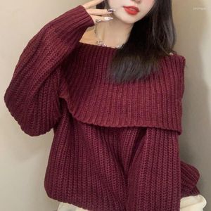 Kvinnors tröjor Wakuta Knit av axeln Turtleneck Två bär ulltröja Japan Solid Color Women Pullover Autumn Winter 2023 Pulls Femme