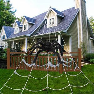Halloween Spider Web 5M 7M شبكات العنكبوت الضخمة الثلاثي للديكورات الداخلية في الهواء الطلق في الهواء الطلق ، فناء الأزياء المنزلية الأزياء الحفلات ديكور منزل مسكون