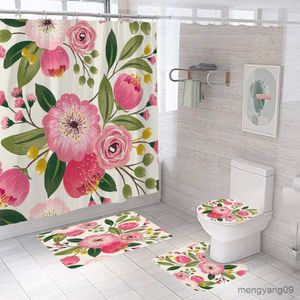 シャワーカーテンピンクの花バラ印刷されたシャワーカーテンセット防水女性入浴浴室台座敷物カーペットカバーR230831