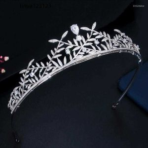 Grampos de cabelo Threegraces moda brilhante branco zircônia cúbica forma de folha de cristal nupcial casamento coroa tiara acessórios para noivas ha115