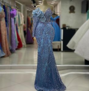 2023 Aso Ebi Árabe Céu Azul Sereia Vestido de Baile Cristais Pérolas Noite Festa Formal Segunda Recepção Aniversário Vestidos de Noivado Vestidos Robe De Soiree ZJ362
