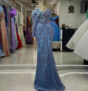 2023 Aso ebi Arabic Sky Blue Romaid Prom Платье Crystals жемчужина вечернее формальное вечеринка второй прием с днем ​​рождения платья платья