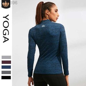 2023 Desginer Al Yoga Tショートトップフィットネス長袖の豪華な女性用プロスウェットランニングスーツ長袖タイトフィッティングスタンドカラースポーツウェア