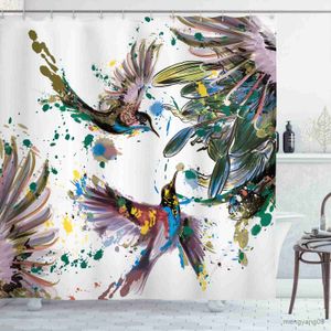 シャワーカーテンシャワーカーテンアートリリーフラワーズ付き鳥の色水彩絵画スタイルのスプラッシュファブリックバスルーム装飾セットR230830