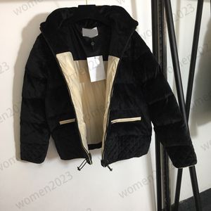 2023fw Womens Designer Down Jackets Winter Jackets Ny blixtlåsficka långärmad huva sammet-plockad jacka avancerad svart kvinnliga korta rockar storlek s m l