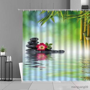 シャワーカーテンロータスフォーワーゼンストーンサニービーチシーンシャワーカーテン緑の竹の葉ピンクの紫色の花防水浴室カーテンR230831