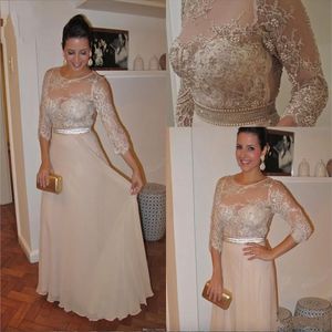 Floor Length Beads Pearls Lace 3/4 Sleeves Chiffon Elegant Mother of the Bride Dresses Jewel Vintage Prom Dresses