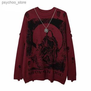 Büyük Boy Unisex Sakulaklar Jumper Harajuku Rahip Kurtuluş Baskısı Sokak Giyim Hip Hop Yıkılmış Delik Yırtık Kazak Q230830