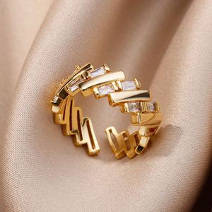 Anéis de banda Zircon Bar para mulheres banhado a ouro anel de abertura de aço inoxidável 2023 tendências de luxo casamento jóias estéticas anillos 230830