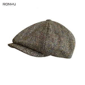 Berets Boné de lã para homens sboy chapéus de alta qualidade marca masculina inverno espinha de peixe oito lâmina plana chapéu marrom mulheres bjm19 230829