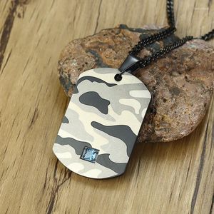 Pendant Necklaces Camo Dog Tag Necklace Stainless Steel Blue CZ Accent For Men Abstract Soldier Military Fancy Camouflage Jewelry