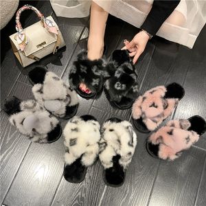 Pantofola in lana con stampa leopardata incrociata Pantofole in cotone da pavimento piatte per interni da donna per l'autunno e l'inverno
