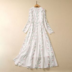 Autumn White Floral Print Paneled Chiffon Dress Long Sleeve Round Neck Long Maxi Casual Dresses A3Q191341 Plus Size XXL