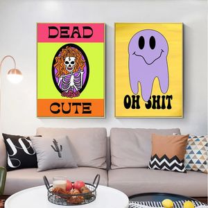 Funny Skeleton Girl Poster Bright Colourful Smiley Face Canvas Painting Art Print Vintage Quote Wall Picture Living Room Bedroom Bar Decor No Frame Wo6