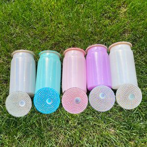 15oz Sparkle Shiny Blue Pink White Silver Purple Holographic Shimmer White Glitter Blank Sublimation Glass Can With Bling Rhinestone Lid