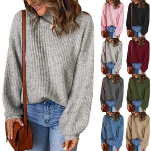 Damenbekleidung Herbstpullover und Winterstil hoher Kragen reine Farbe lose Pullover Pullover Großhandel